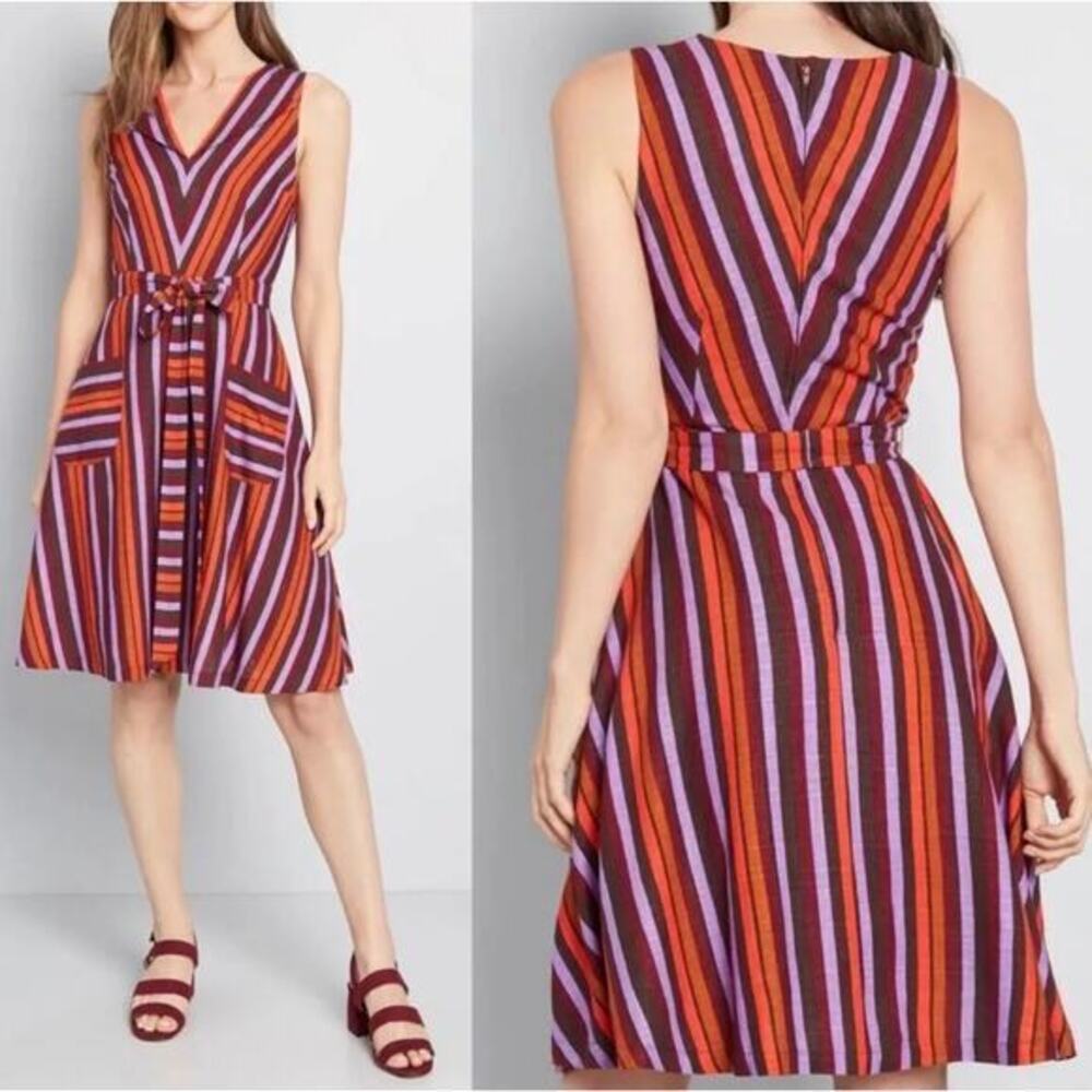 Modcloth Linen Blend Retro Striped Midi Dress Sleeveless Purple Orang, size S - Picture 1 of 15